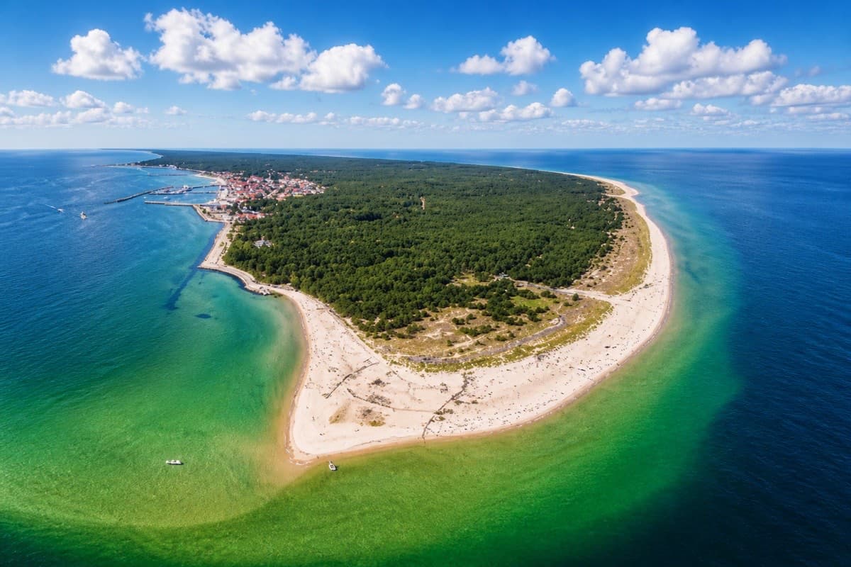 Koniec Półwyspu Helskiego z powietrza: sosnowy las, piaszczyste plaże i turkusowa woda